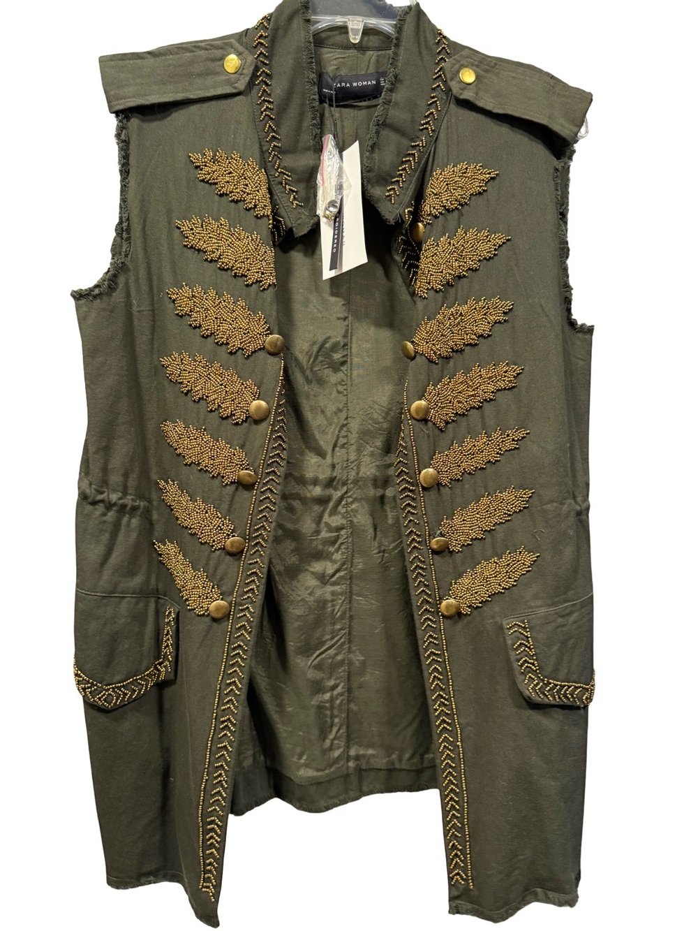 Zara Olive Green Military-Style Embroidered Sleeveless Vest